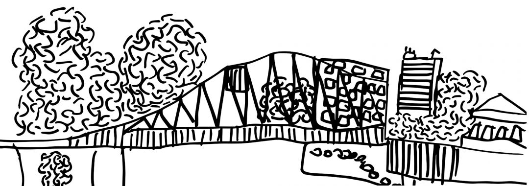 Zeichnung Bäume, Brücke, Geesteufer