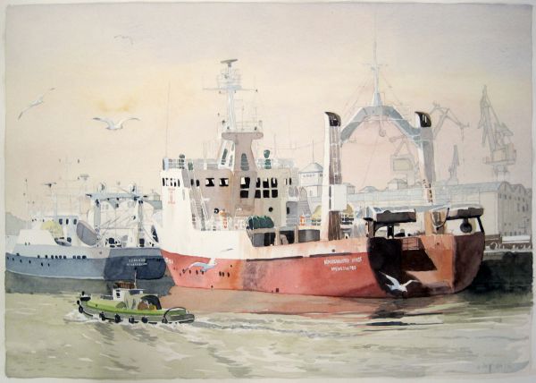 Aquarell mit Fischtrawlern im Hafen