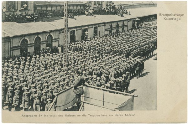 Ansichtskarte Kaiser Wilhelm II. Ansprache vor Abfahrt der Truppen
