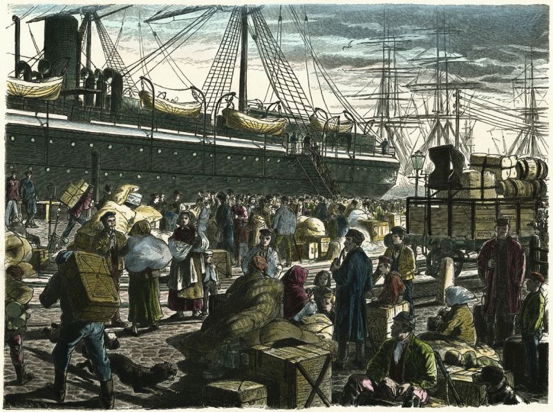 Kolorierter Stich Auswanderer 1880