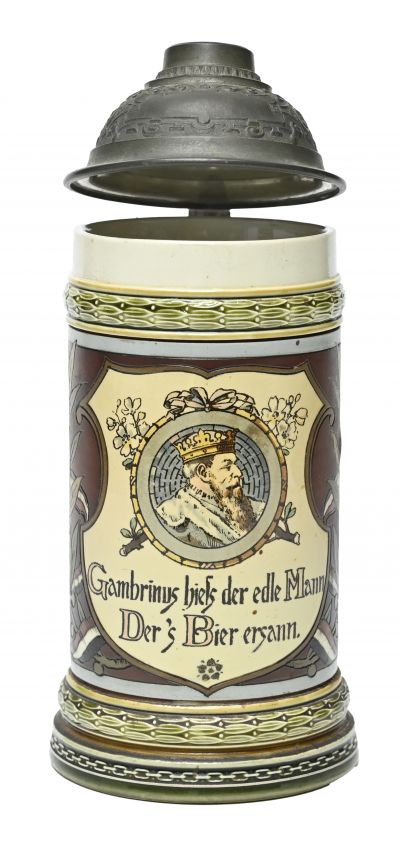 Bierkrug mit Inschrift "Gambrinus hieß der edle Mann der's Bier ersann"