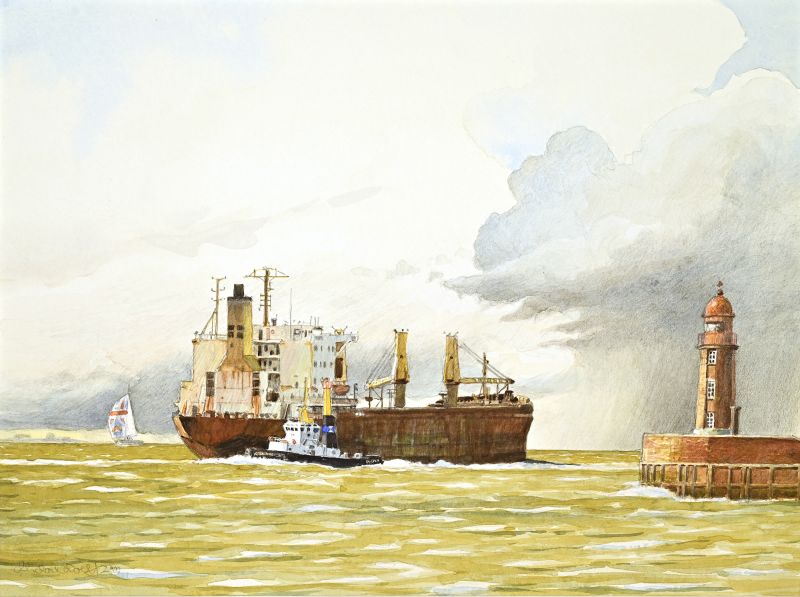Grafik Schiff mit Schlepper vor der Geestemünde mit Leuchtturm