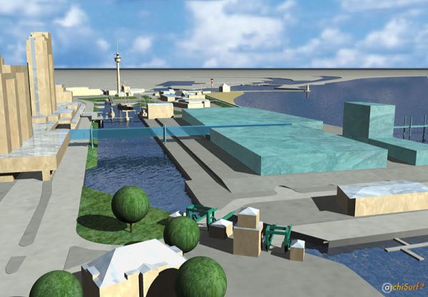 Erstes Rendering mit kastenförmigen Gebäuden am Alten/Neuen Hafen