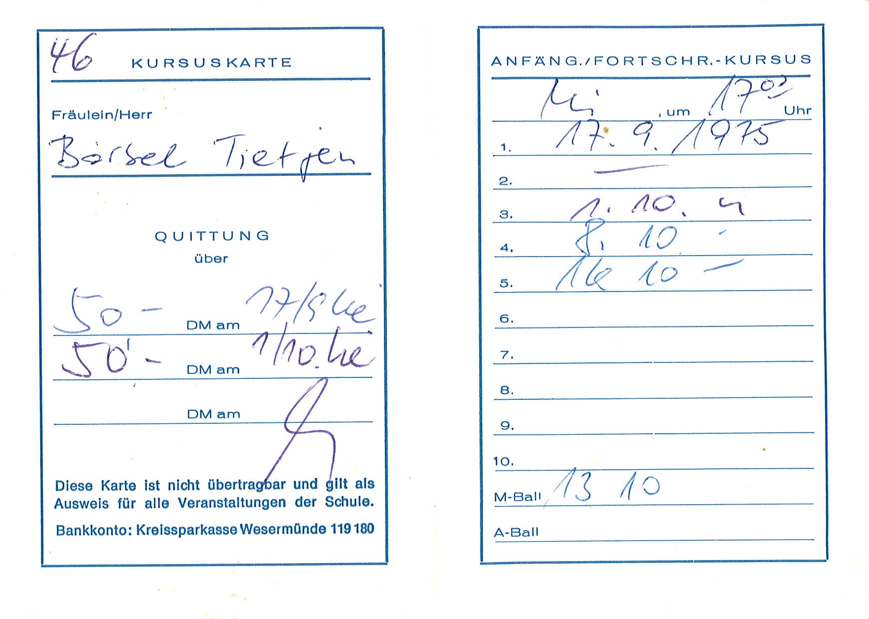 Innenansicht Kursuskarte Tanzschule Mohr Bremerhaven. 17.09.1975