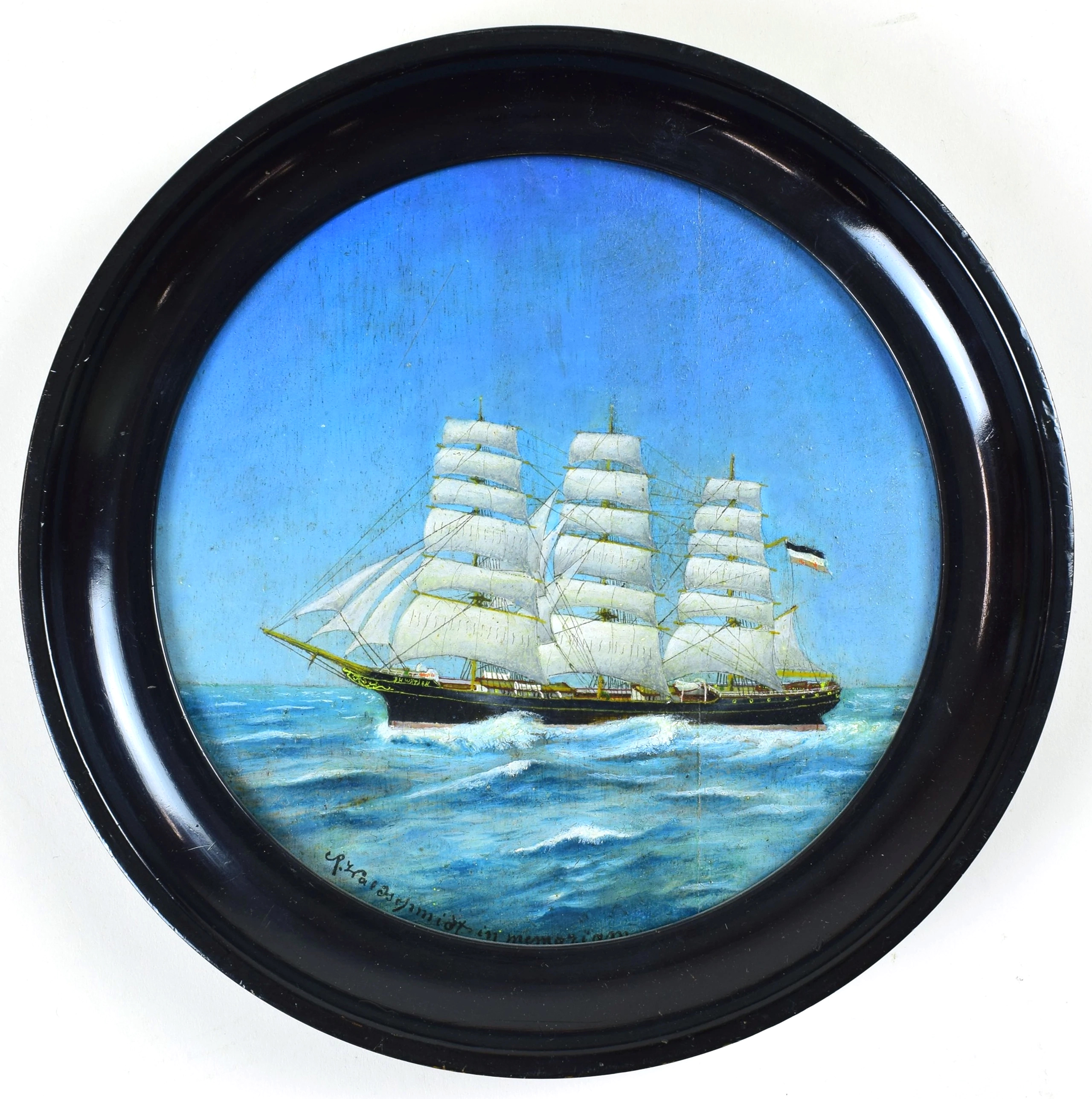 Gerahmtes Gemälde eines Dreimast-Segelschiffs auf bewegter See