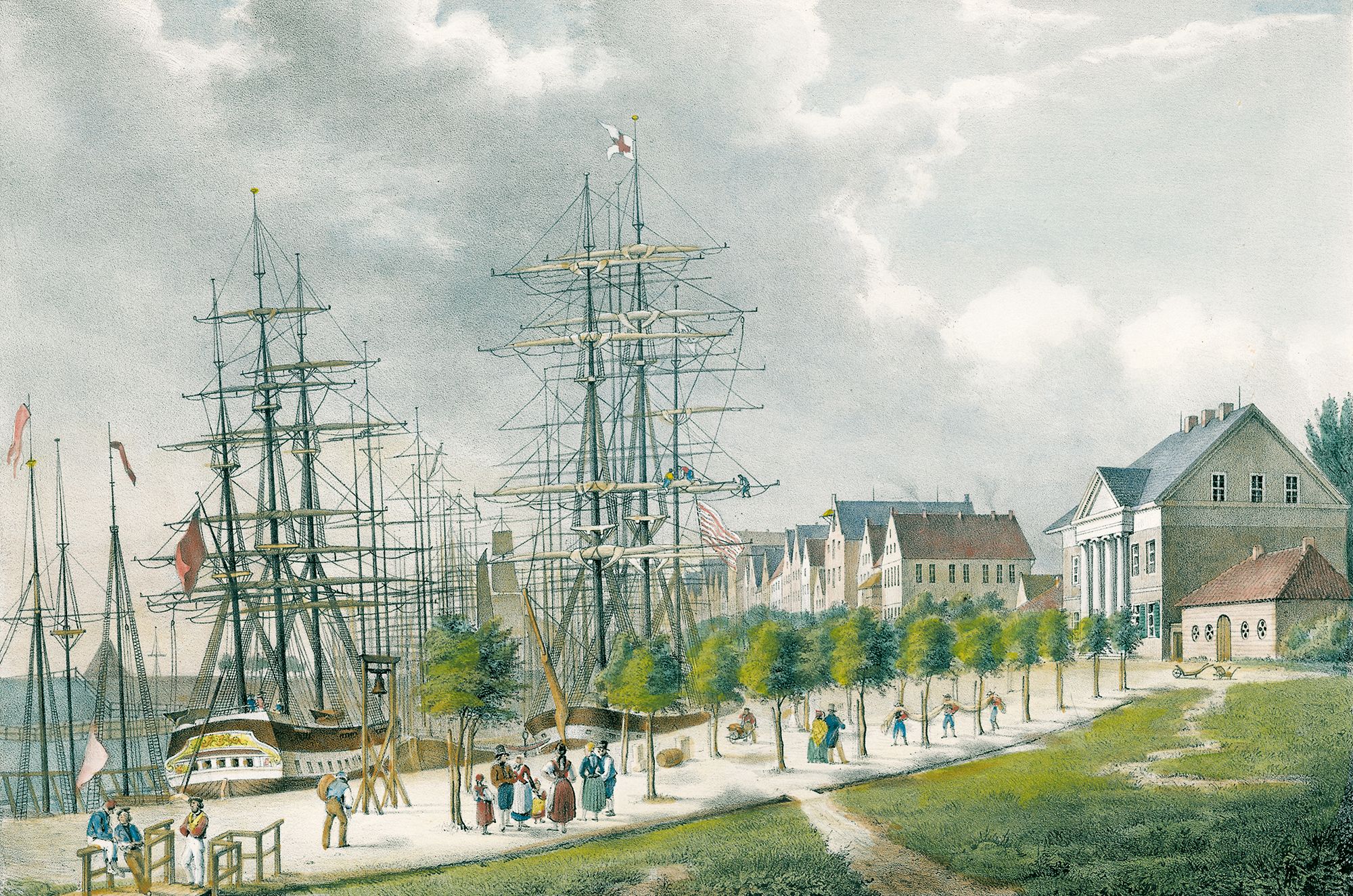 Ansicht Alter Hafen von Bremerhaven, farbige Lithografie von 1845